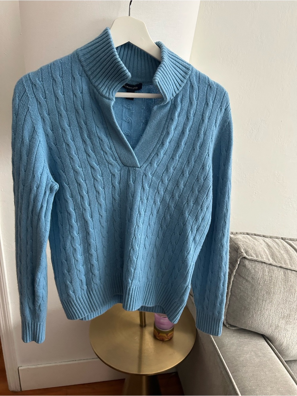 Land Ends Sweater Cashmere Cable Knit Size M Blue Preppy Old Money Minimalist